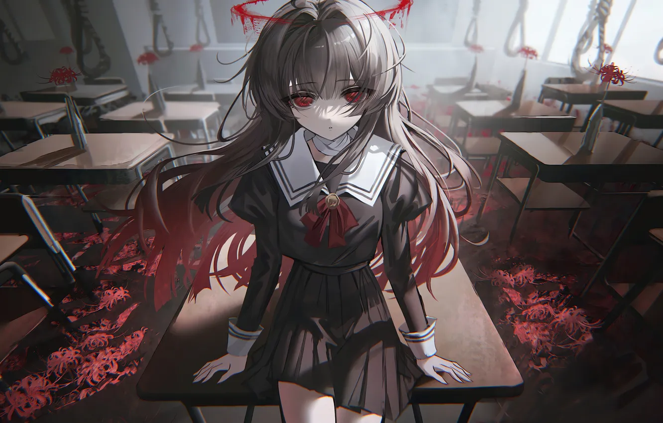 Photo wallpaper girl, blood, school uniform, long hair, anime, flowers, beautiful, red eyes