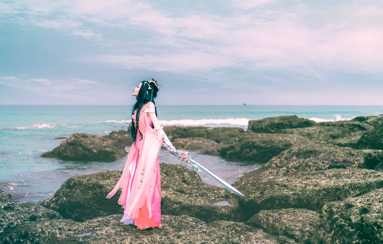 Photo wallpaper sea, the sky, stones, sword, dress, Asian
