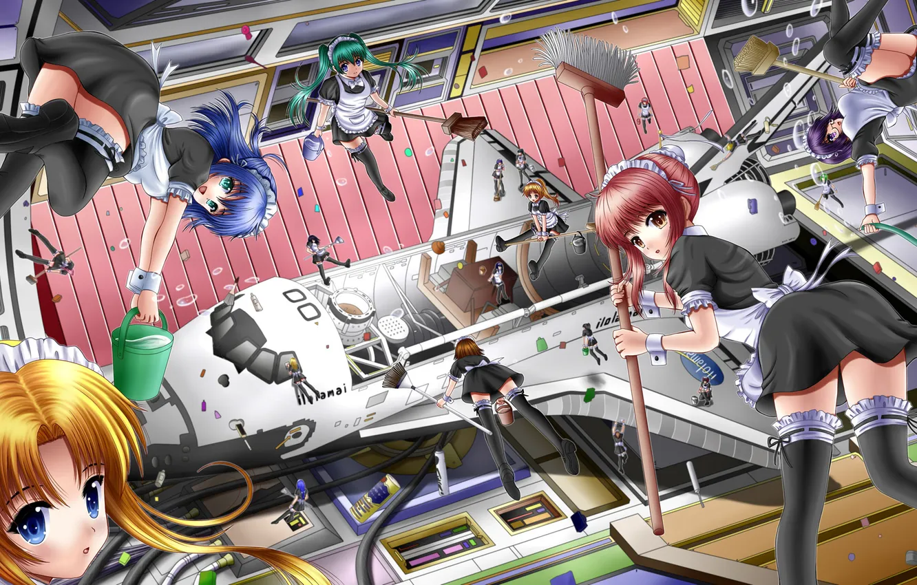 Photo wallpaper girl, ship, art, cleaning, Shuttle, weightlessness, ilolamai, maids