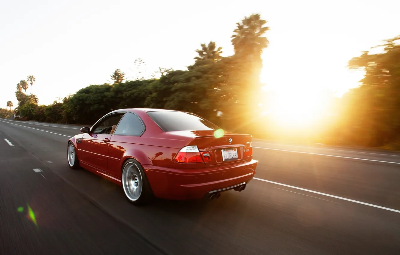Photo wallpaper road, the sun, trees, sunset, red, glare, BMW, speed