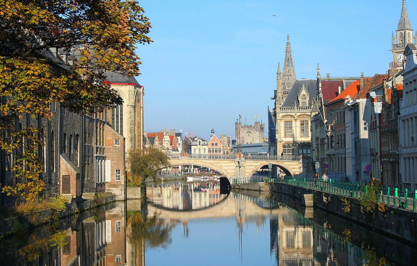 Photo wallpaper bridge, channel, Belgium, old town, Gent