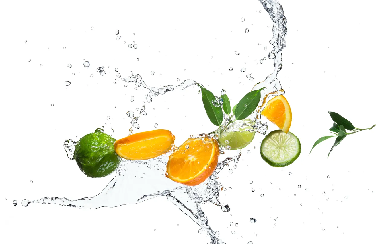 Photo wallpaper water, drops, squirt, orange, lime, citrus, leaves, slices