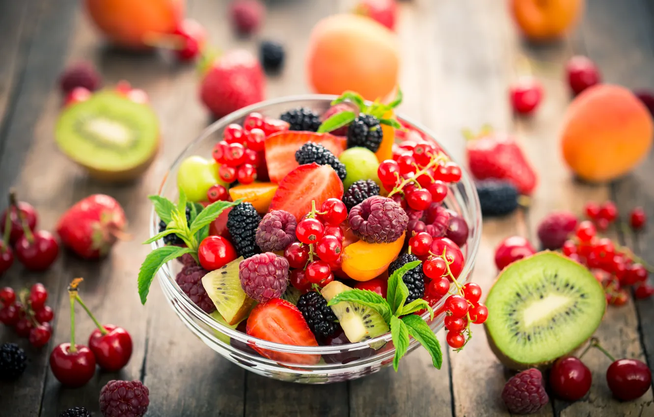 Photo wallpaper berries, raspberry, kiwi, strawberry, fruit, currants, salad, dessert