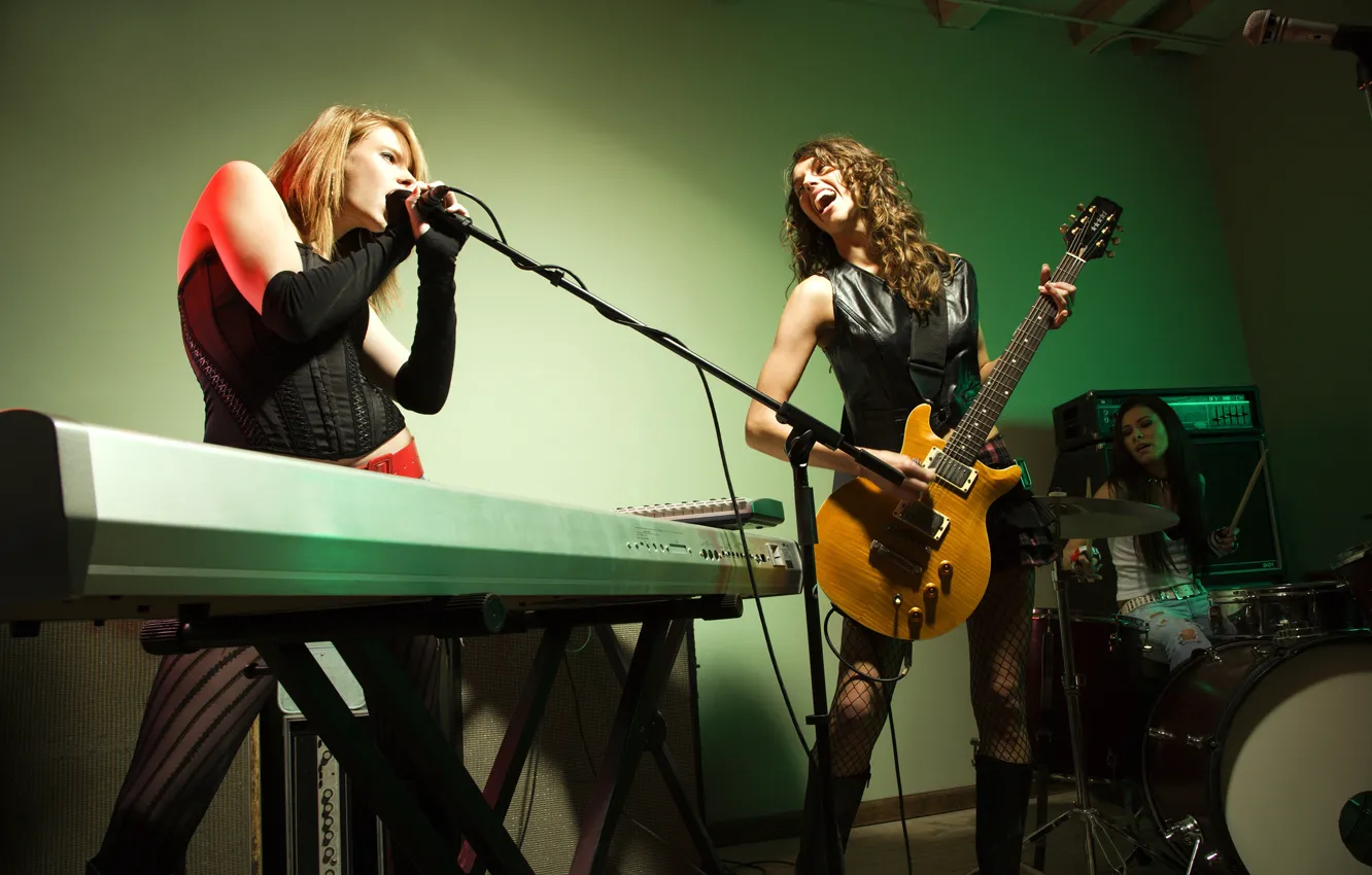 Photo wallpaper girl, guitar, group, microphone, musician, plays, drum, synth