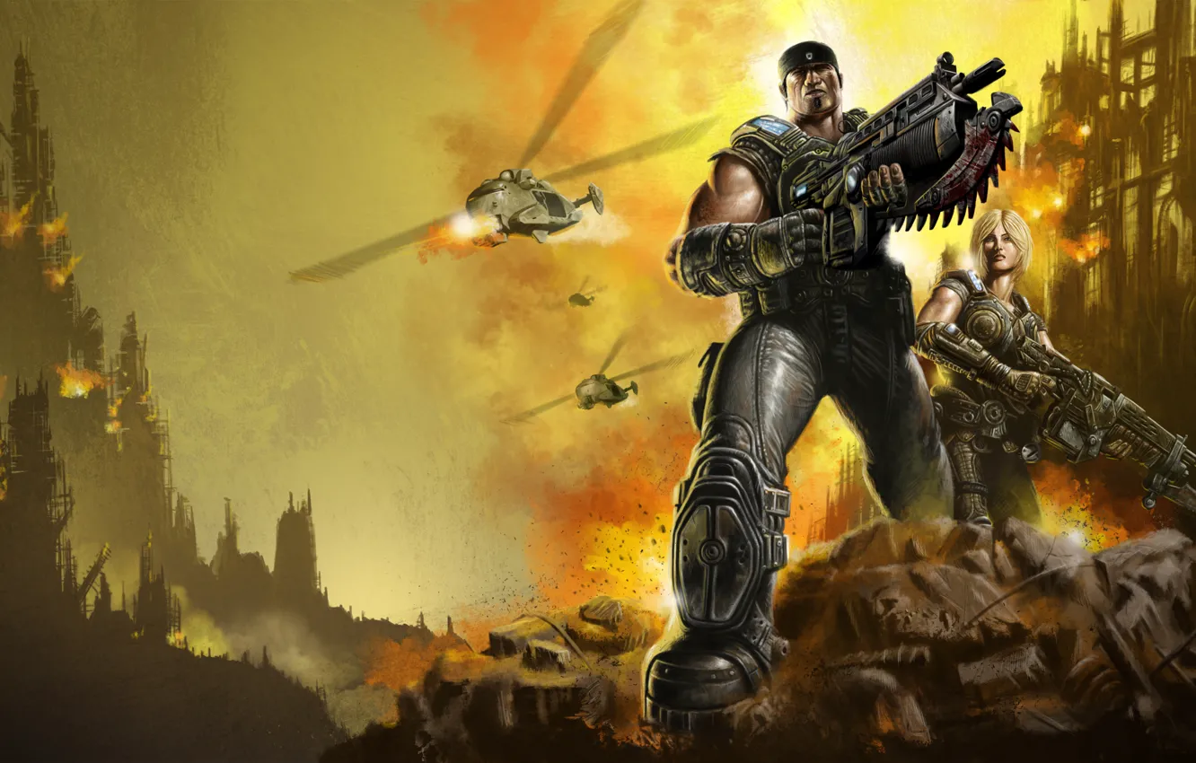 Photo wallpaper weapons, fire, explosions, armor, Gears of War, fighters, Marcus Fenix, Anya Stroud