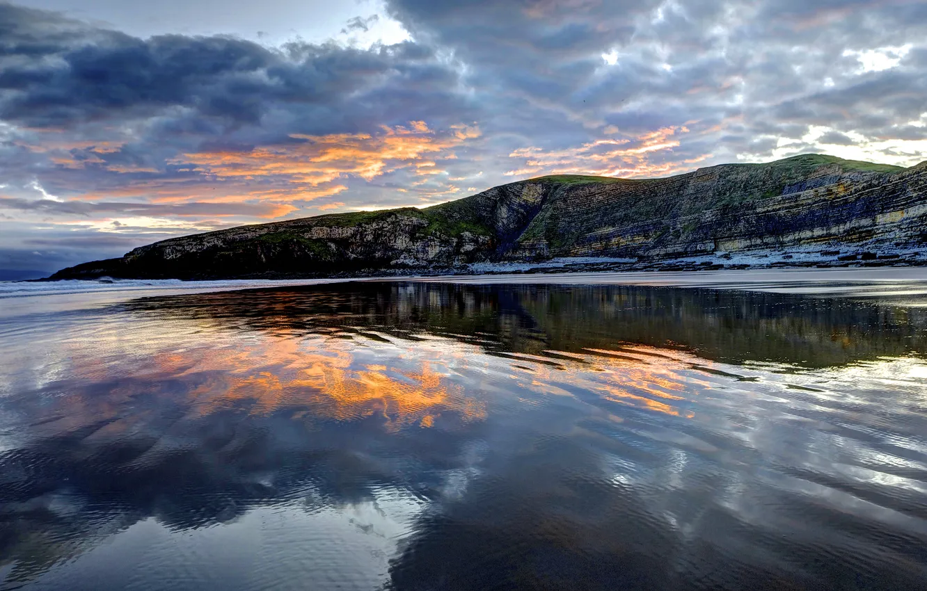 Photo wallpaper clouds, mountains, reflection, blue, shore, ruffle, slope, pond