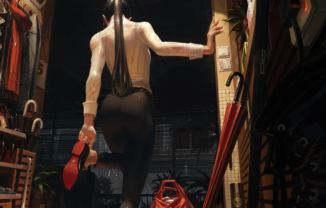 Photo wallpaper girl, umbrella, package, Guweiz, taking off her shoes, got wet from the rain