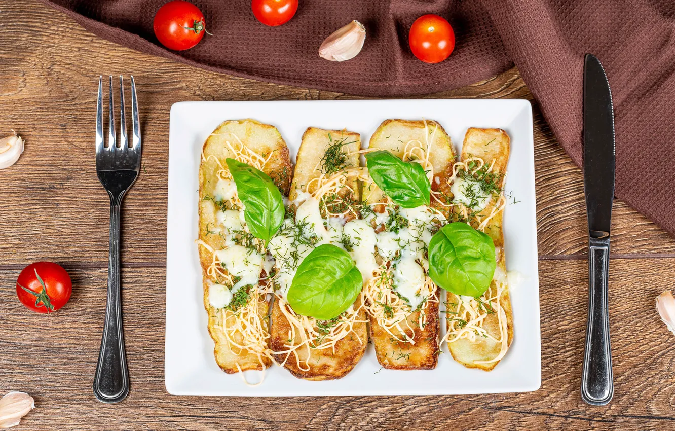 Photo wallpaper knife, vegetables, tomatoes, dish, zucchini