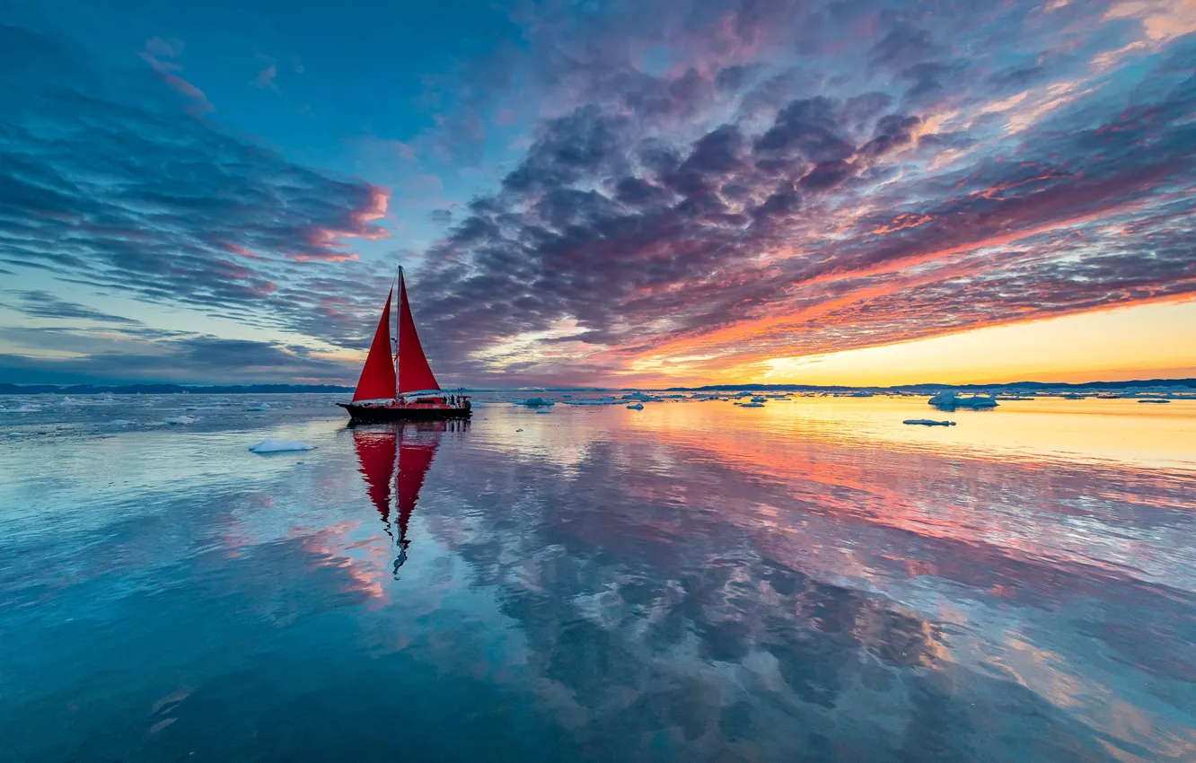 Photo wallpaper clouds, paint, boat, ship, sailboat, yacht, ice