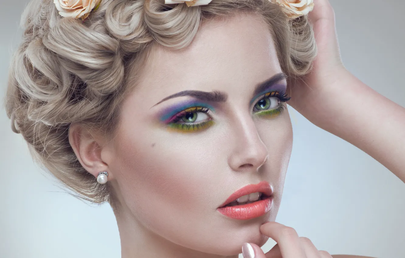 Photo wallpaper look, flowers, model, hair, hands, makeup, hairstyle, blonde