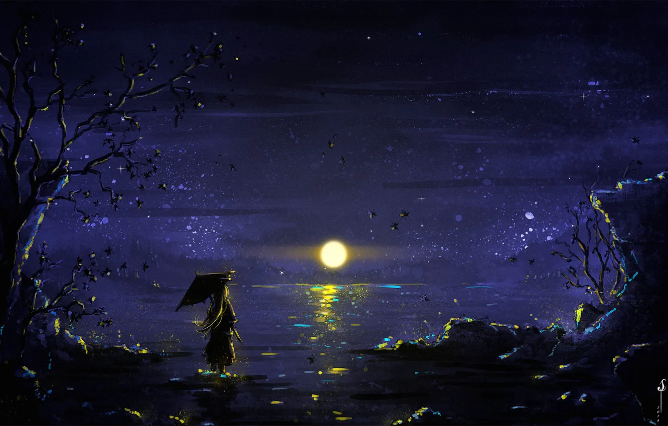 Photo wallpaper girl, Moon, sky, trees, umbrella, night, art, lake