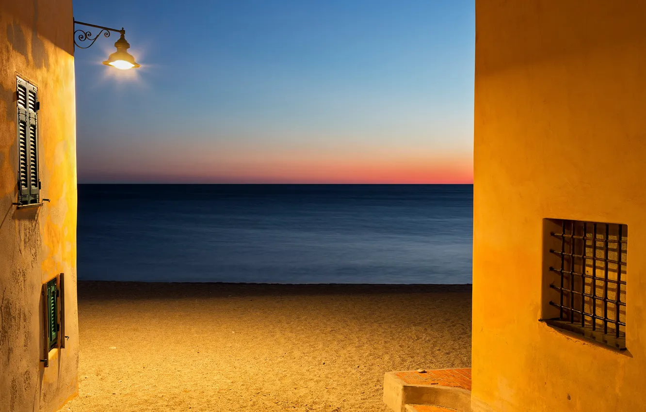 Photo wallpaper sea, beach, wall, horizon, window, lights, windows, wall