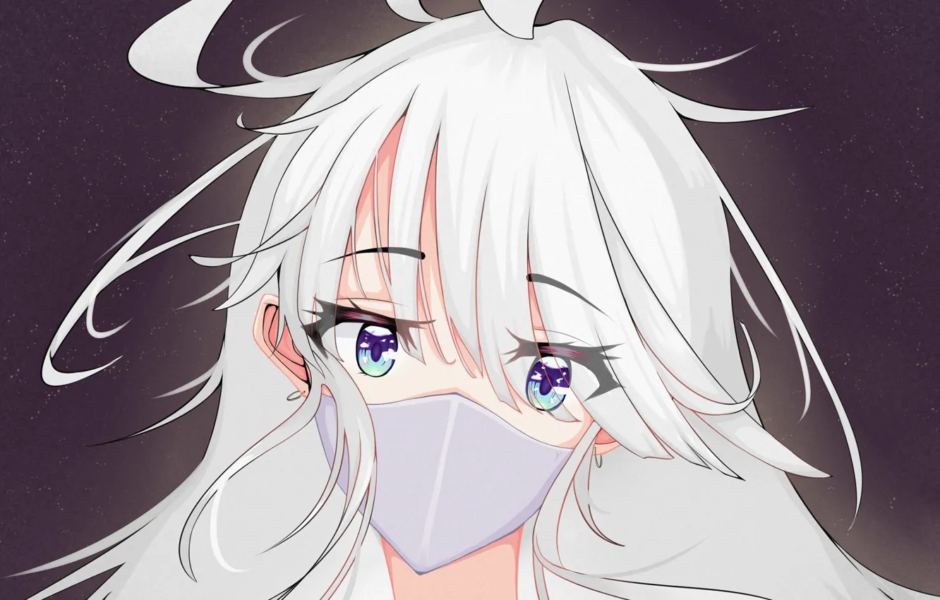 Photo wallpaper blue eyes, grey background, white hair, portrait of a girl, medical face mask