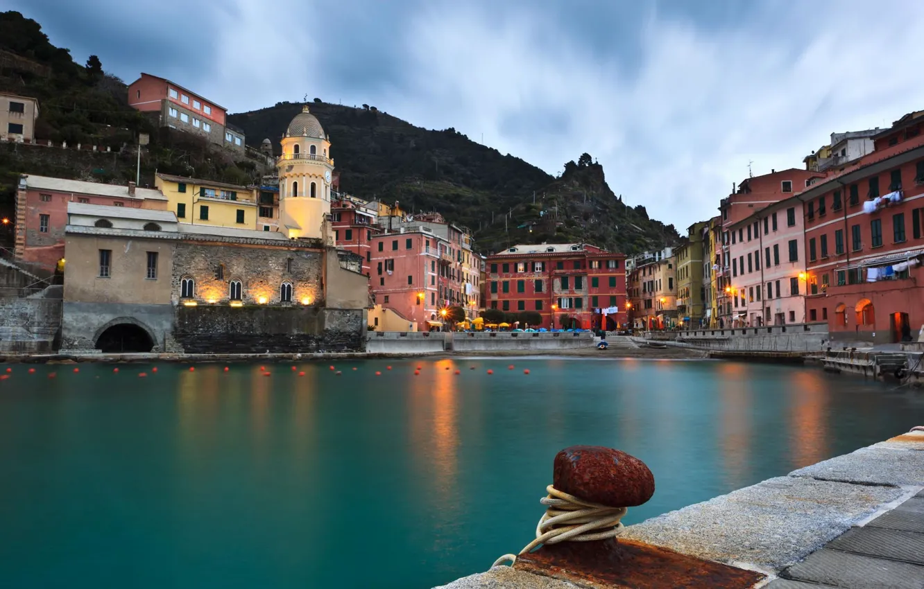 Photo wallpaper Home, Beach, Mountain, Lights, River, Vernazza Italy, Cool Place, Buildings