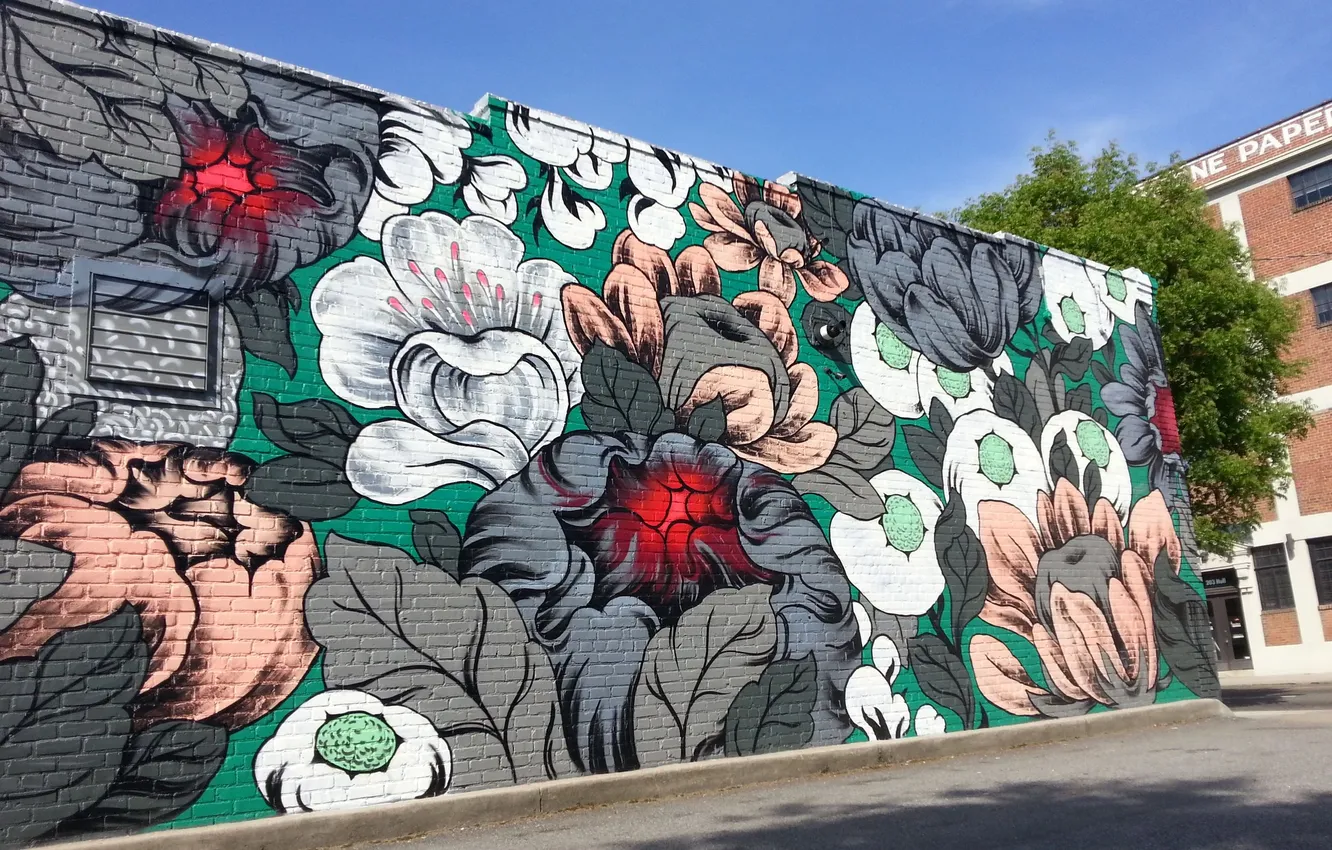 Photo wallpaper flowers, city, the city, street, building, flowers, street, buildings