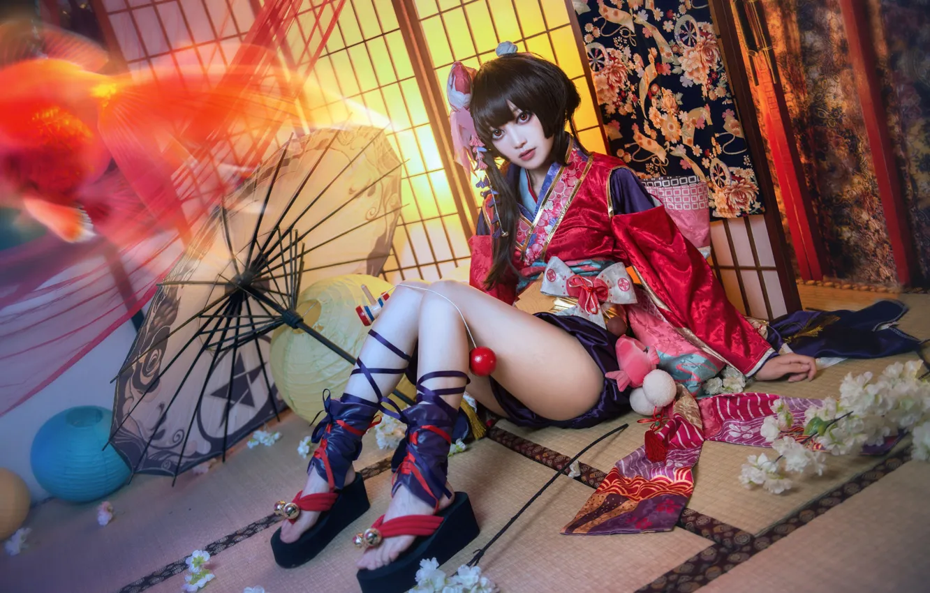 Photo wallpaper look, girl, face, pose, style, background, feet, things