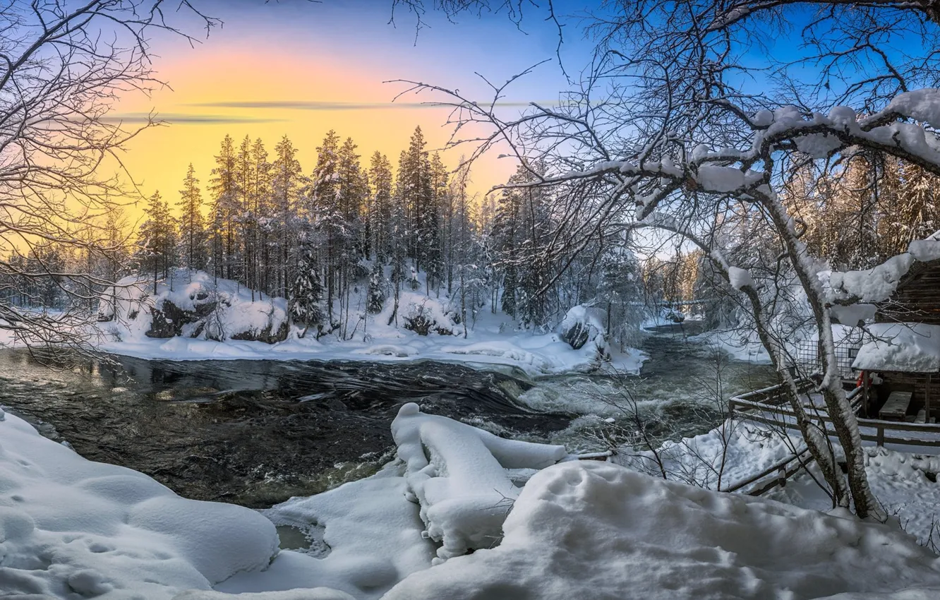 Photo wallpaper winter, snow, river, dawn, morning