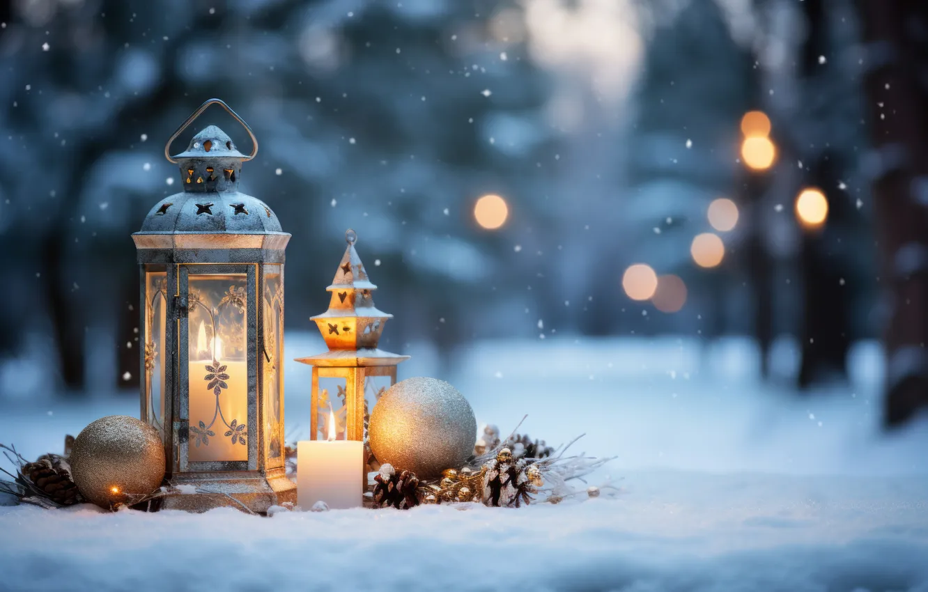 Photo wallpaper winter, snow, night, new year, Christmas, lights, Christmas, night
