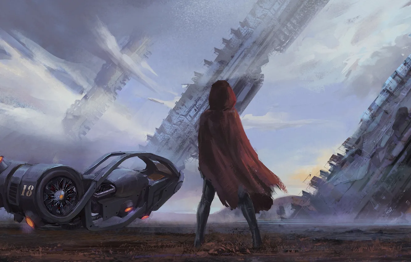 Photo wallpaper girl, red, ship, tower, construction, art, motorcycle, cloak