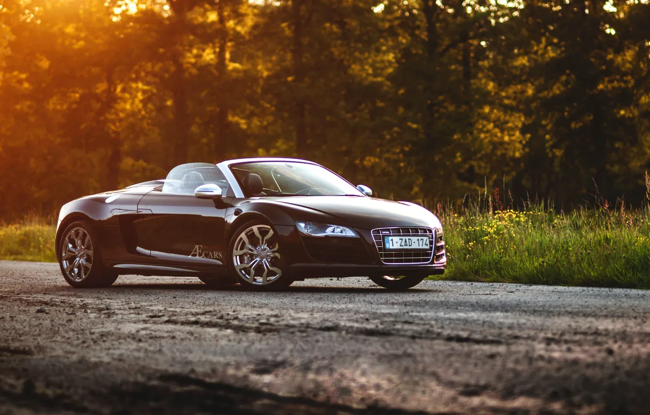 Photo wallpaper Audi, black, Spyder, front, sun, V10