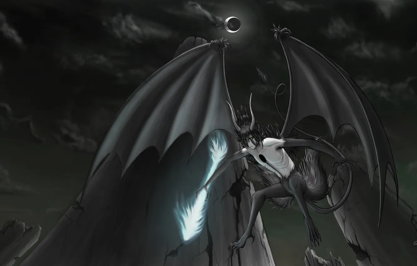 Photo wallpaper flight, weapons, the moon, wings, guy, Bleach, Bleach, art