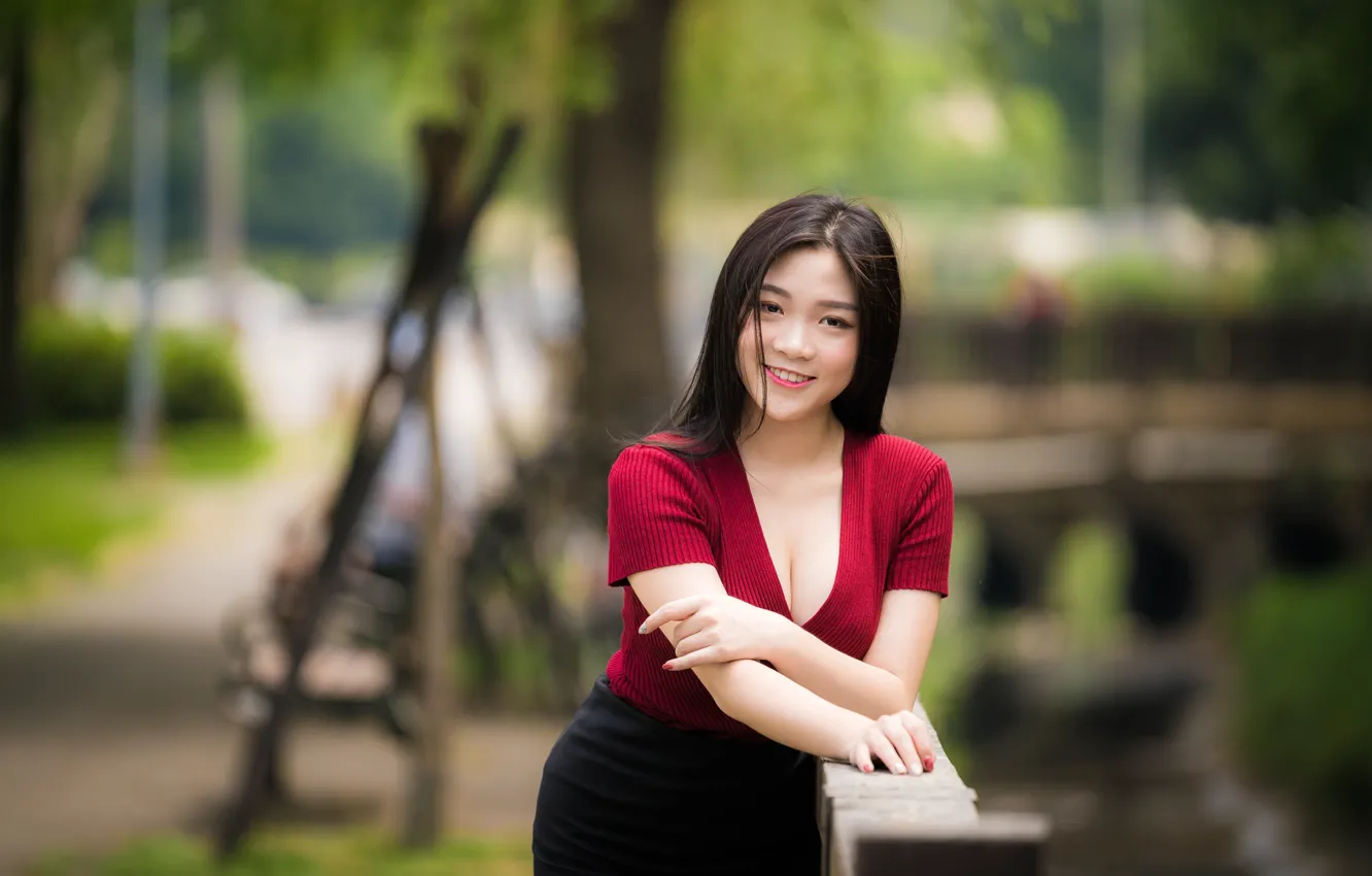 Photo wallpaper look, girl, pose, smile, skirt, neckline, blouse, Asian