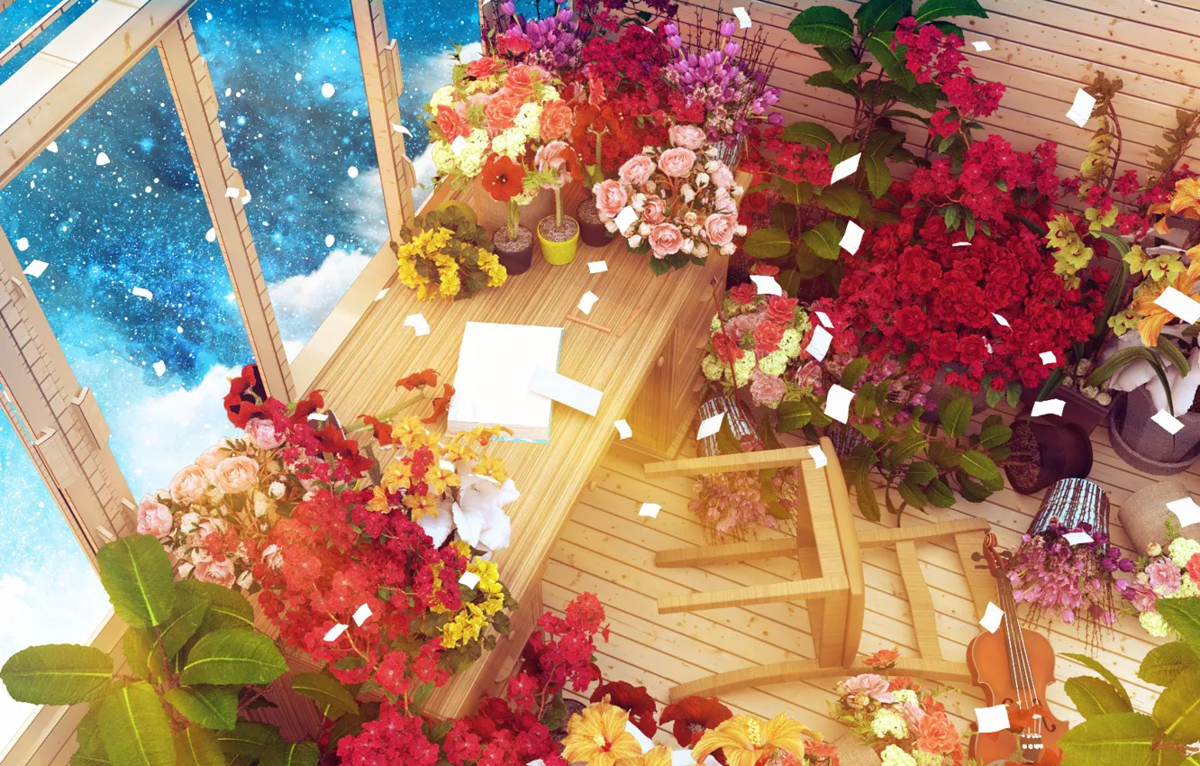 Photo wallpaper space, flowers, room, violin, chair, by K&P