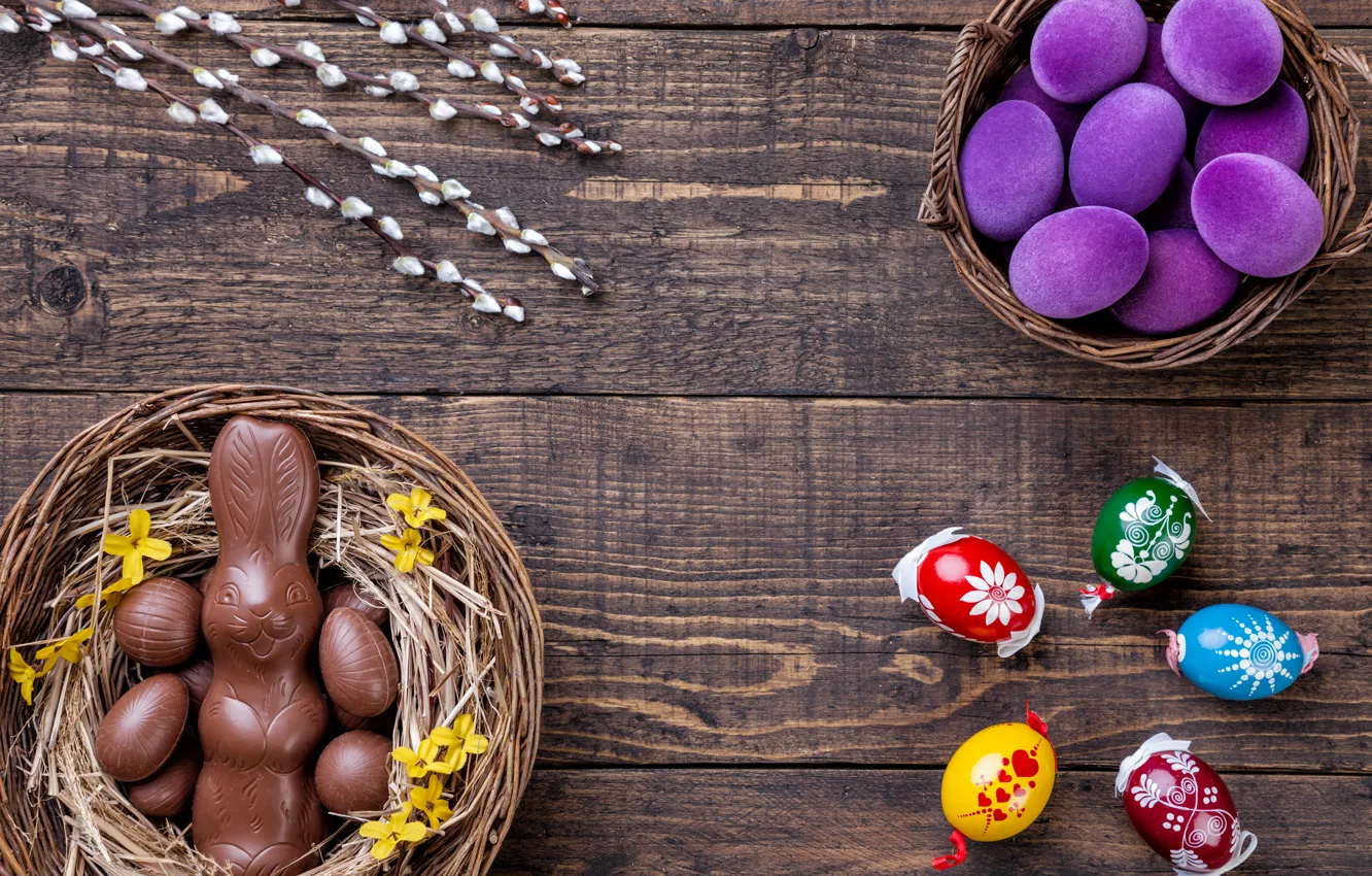 Photo wallpaper chocolate, eggs, colorful, rabbit, candy, Easter, wood, Verba