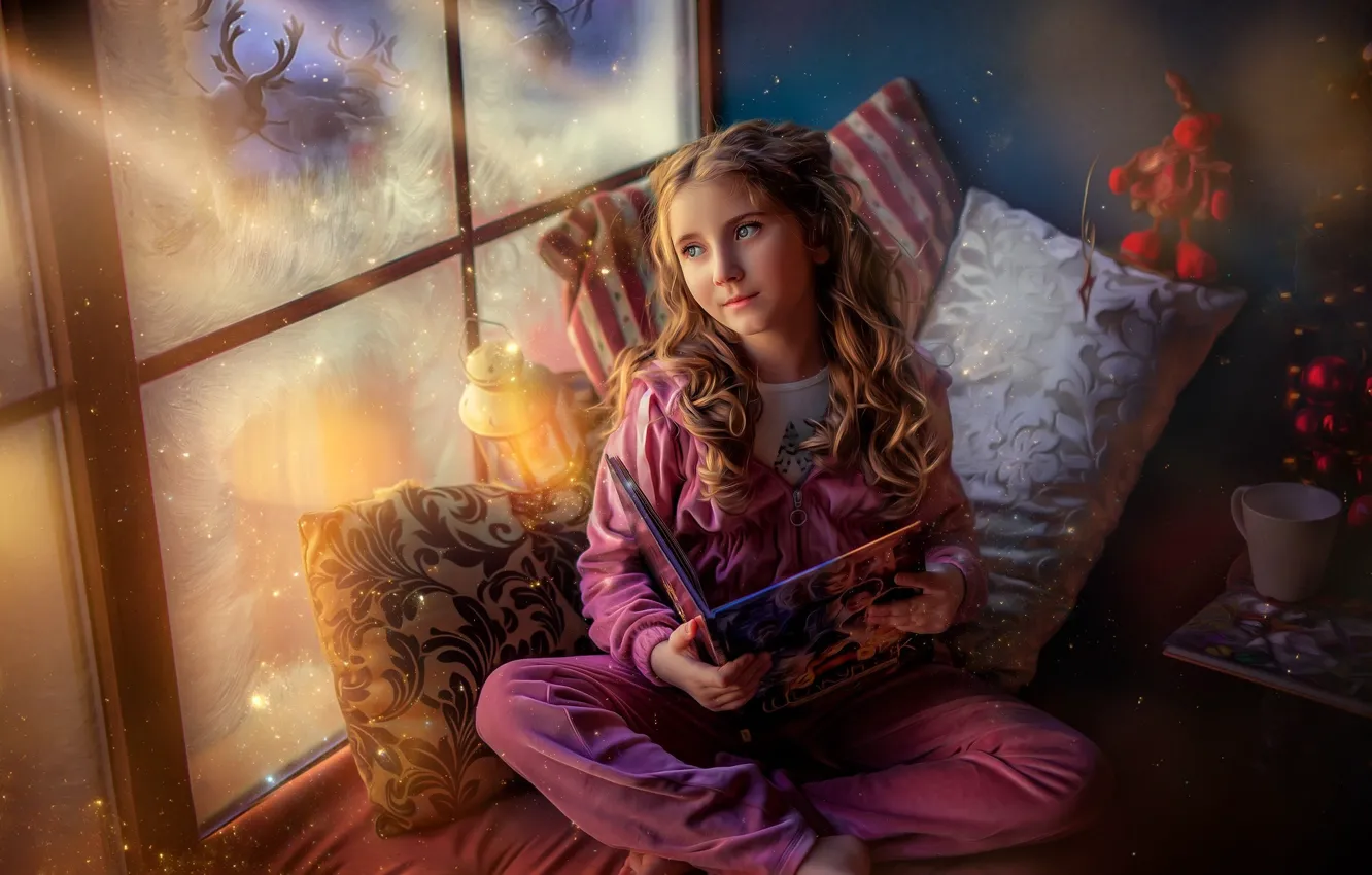Photo wallpaper magic, tale, pillow, window, frost, girl, book