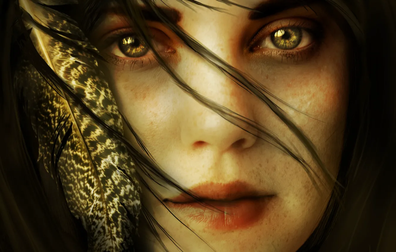Photo wallpaper eyes, look, girl, face, hair, feathers, lips, freckles