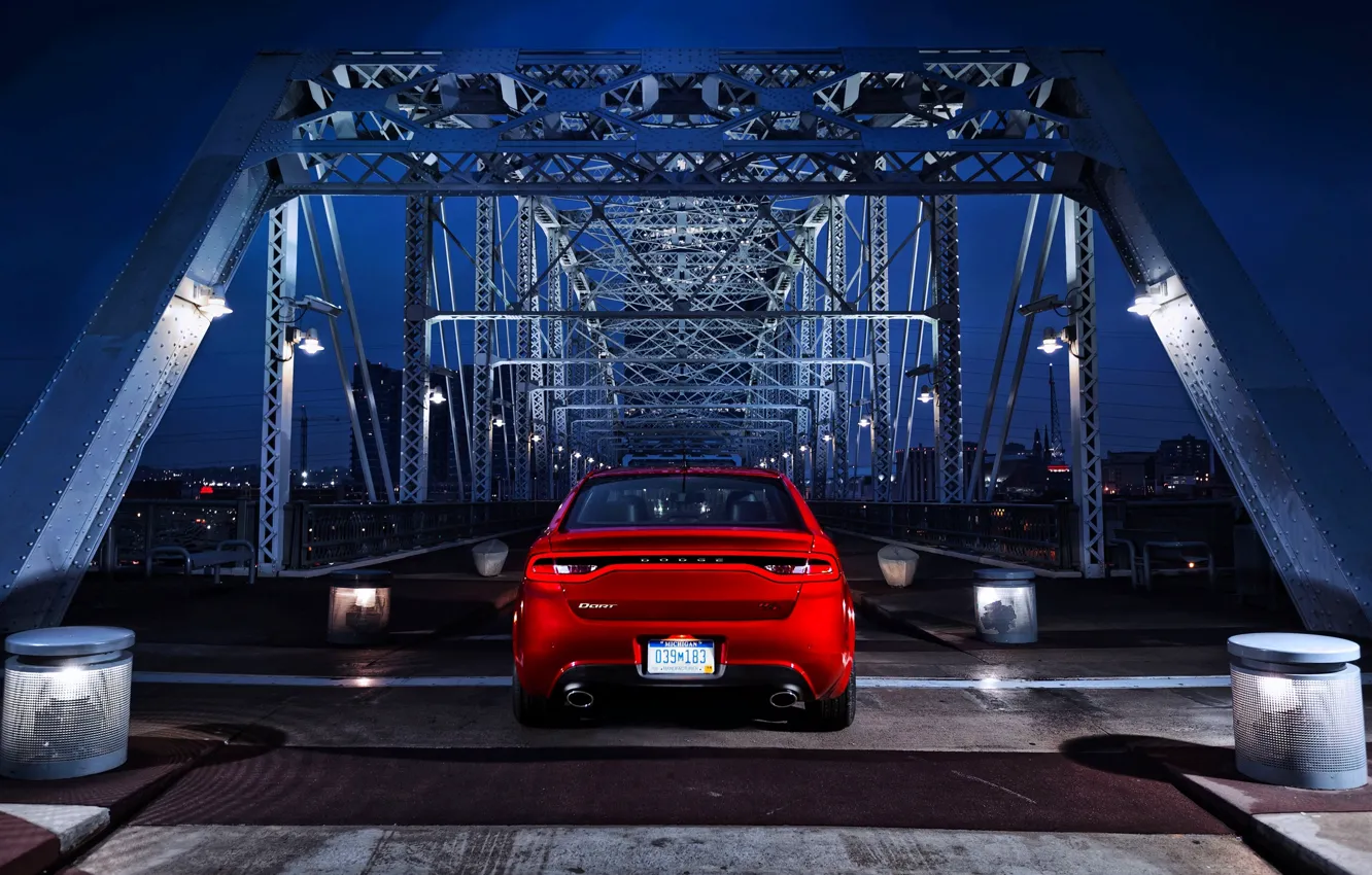 Photo wallpaper night, Red, Auto, Bridge, Dodge, Dart