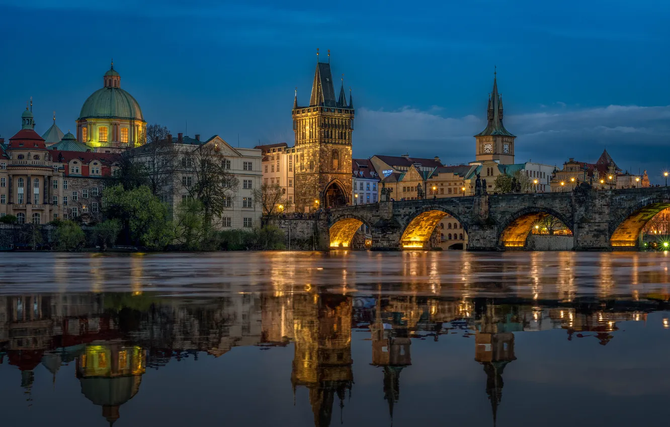 Photo wallpaper bridge, the city, lights, the evening, Prague