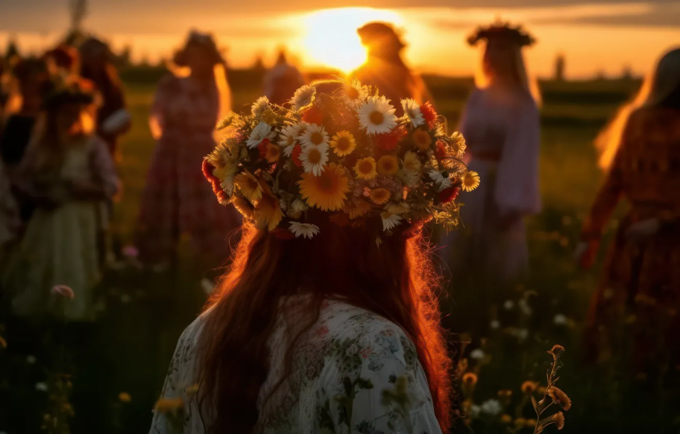 Photo wallpaper field, girl, the sun, sunset, flowers, holiday, glade, back
