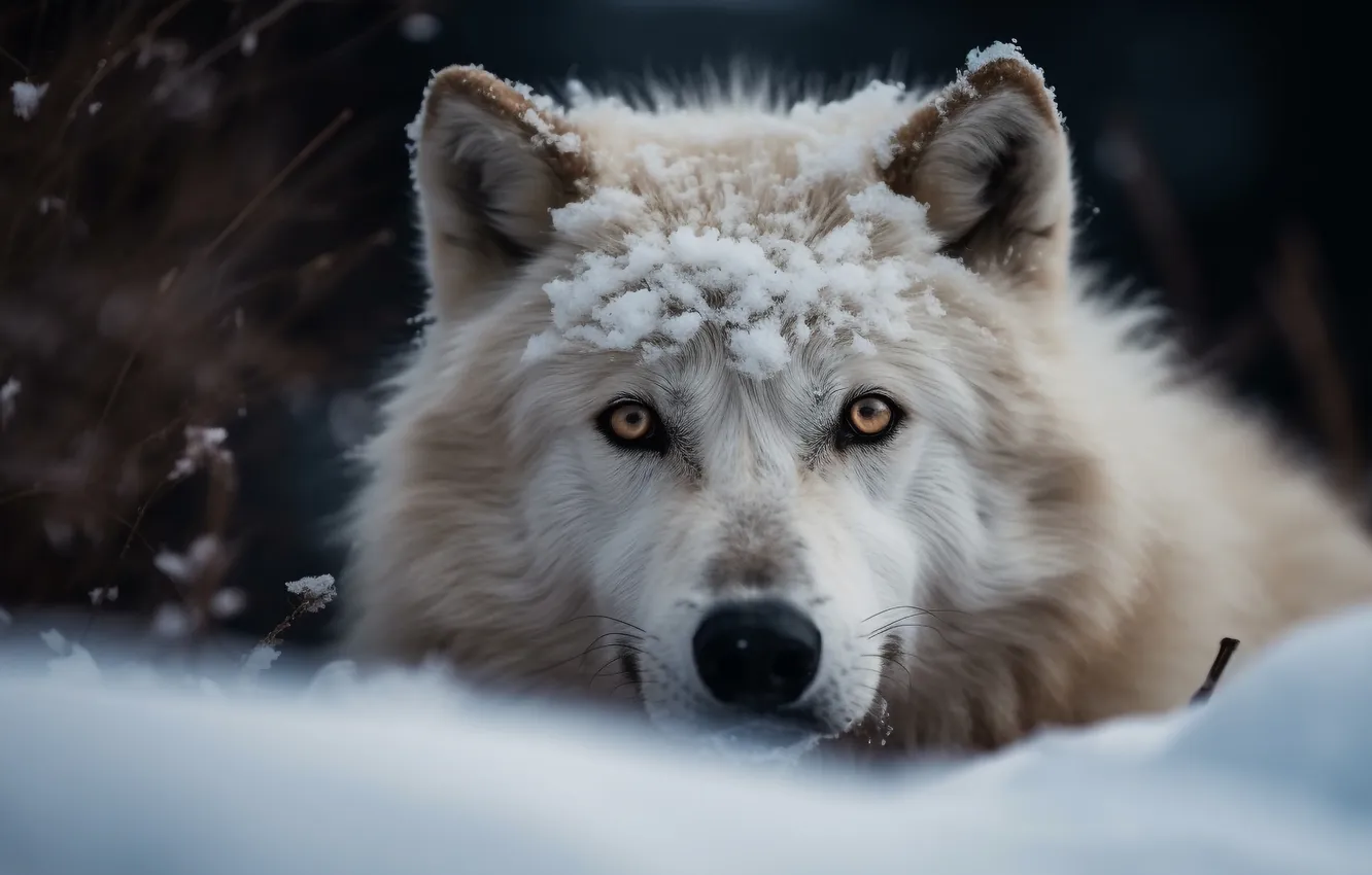 Photo wallpaper winter, white, look, snow, the dark background, wolf, portrait, face