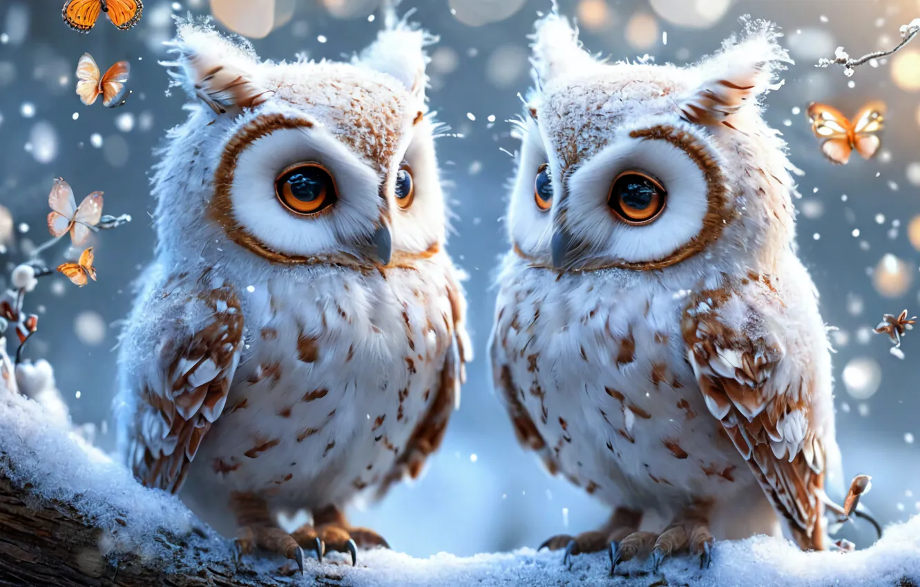 Photo wallpaper winter, white, snow, mood, owl, Neural network