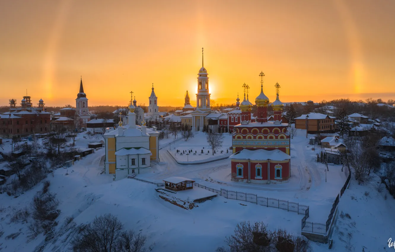 Photo wallpaper winter, snow, landscape, sunset, the city, the evening, temple, the monastery