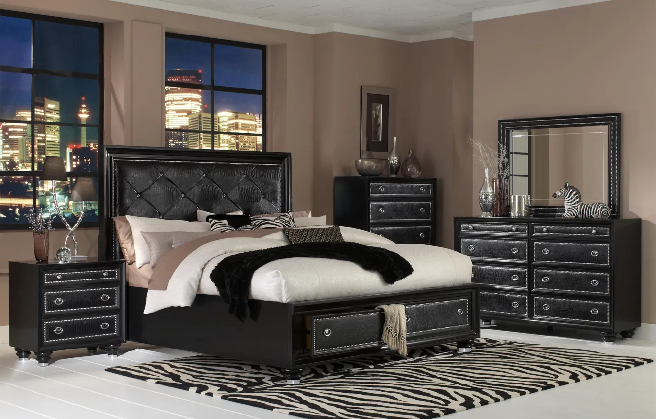 Photo wallpaper city, black, interior, bedroom, megapolis