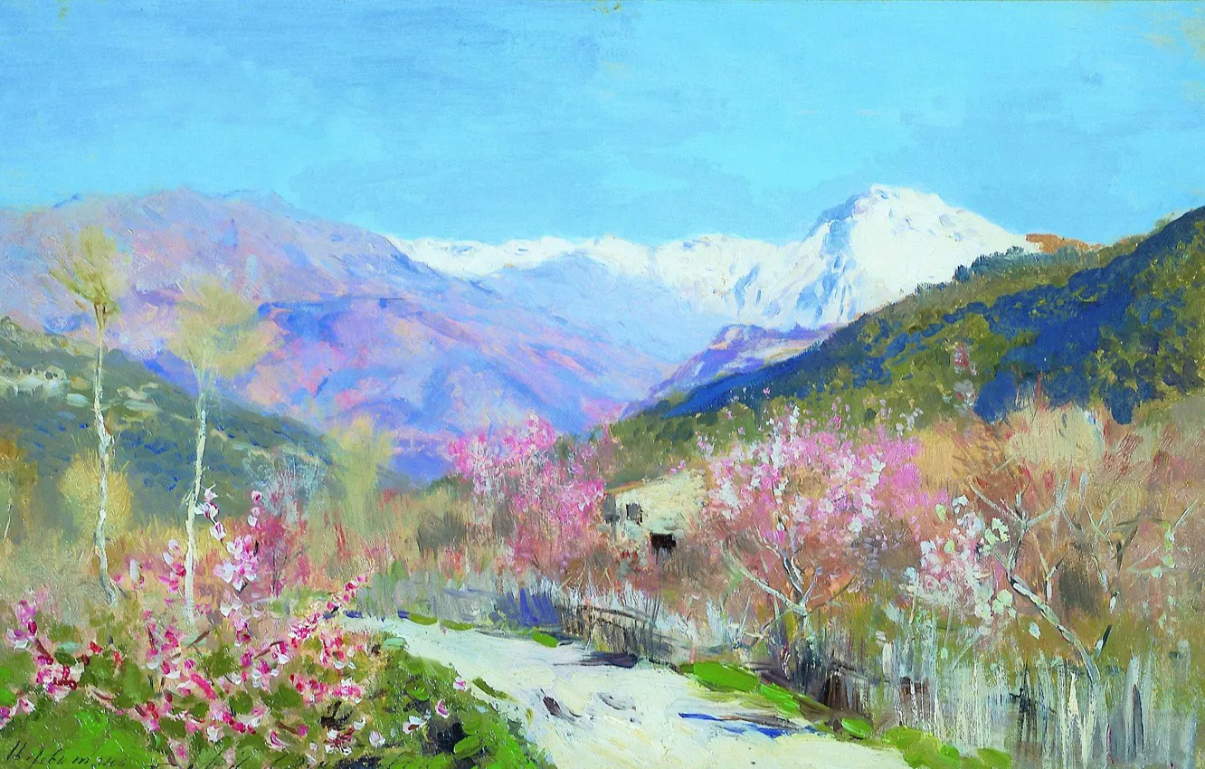 Photo wallpaper flowers, mountains, oil, trail, Canvas, cvetelina, Isaac LEVITAN, Spring in Italy