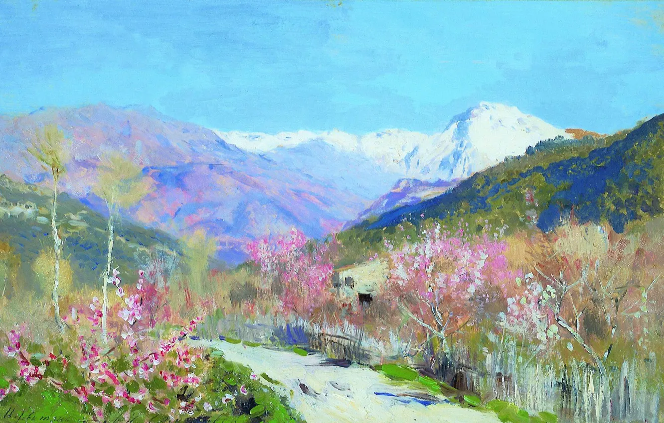 Photo wallpaper flowers, mountains, oil, trail, canvas, cvetelina, Isaac LEVITAN, Spring in Italy