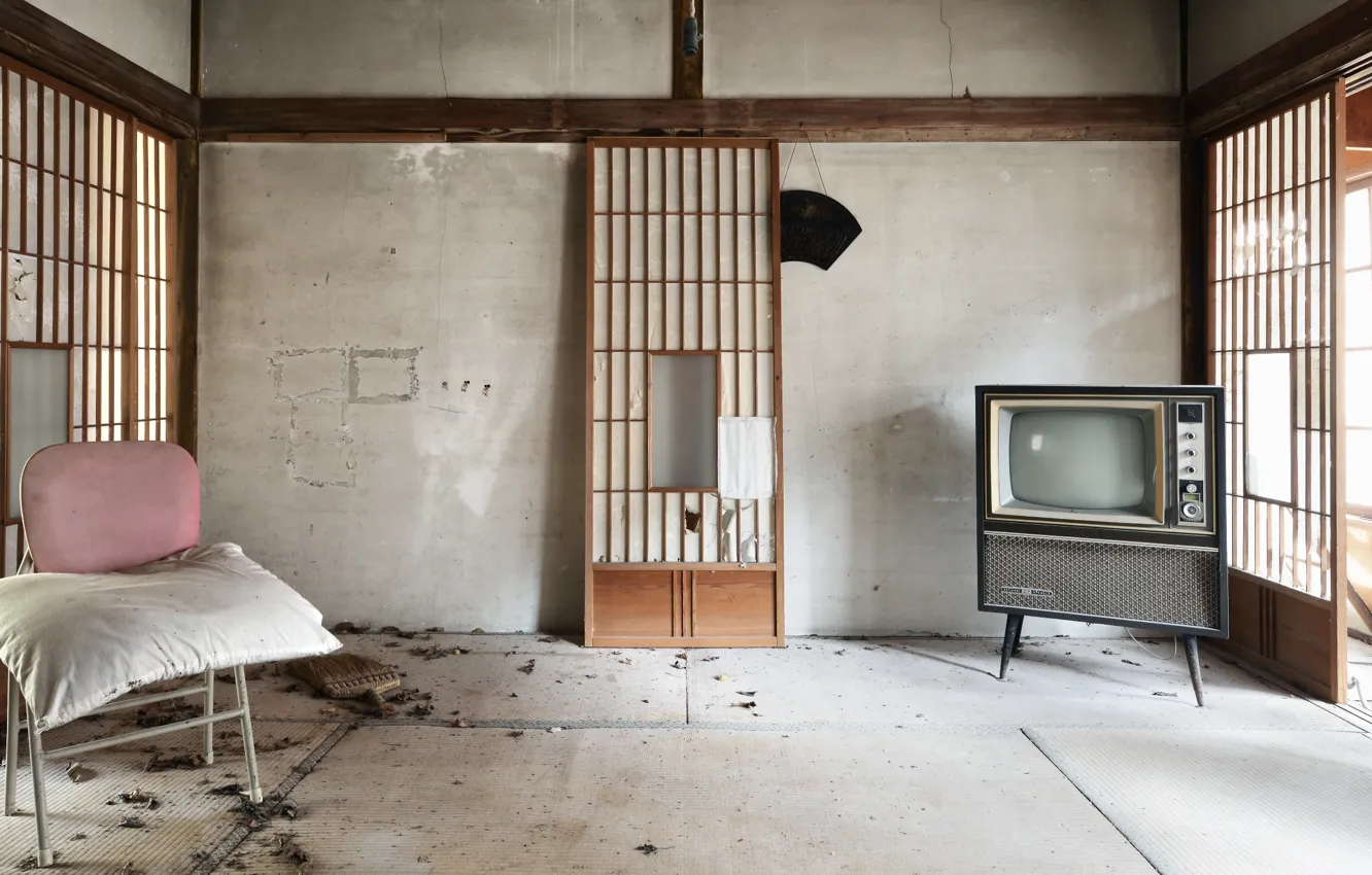 Photo wallpaper room, TV, chair