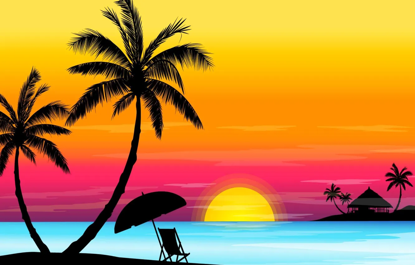 Photo wallpaper sea, the sky, the sun, sunset, palm trees, umbrella, horizon, Bungalow