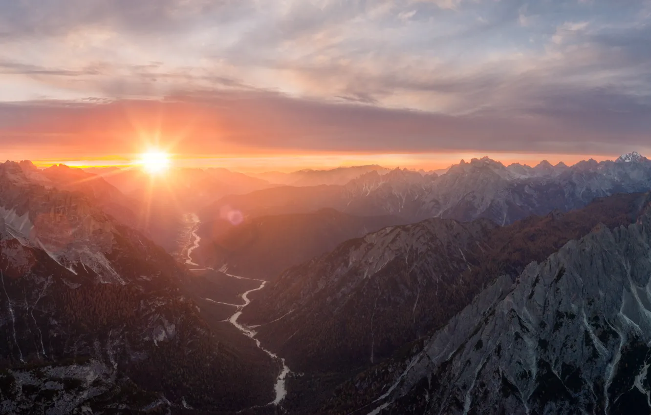Photo wallpaper the sky, the sun, clouds, rays, mountains, fog, river, rocks