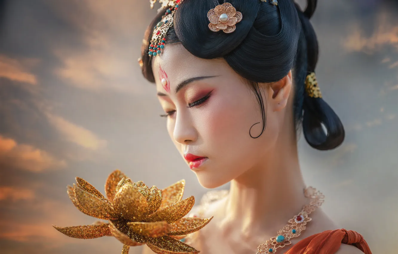 Photo wallpaper the sky, girl, clouds, decoration, flowers, nature, face, style