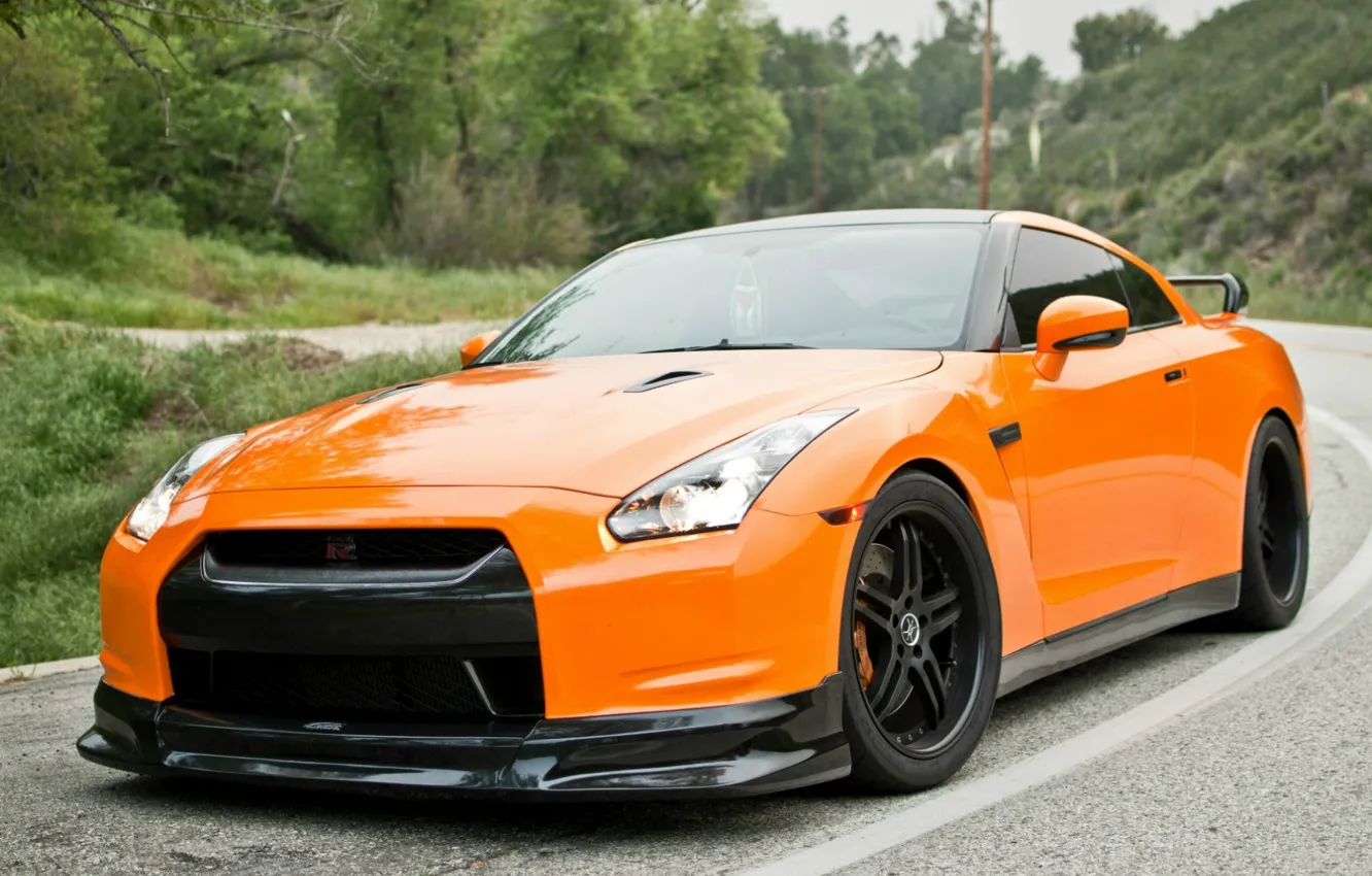 Photo wallpaper road, R35, orange, Nissan GTR