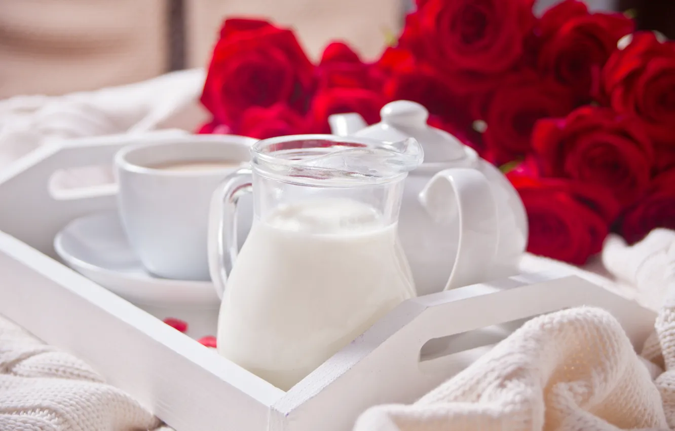 Photo wallpaper tea, bouquet, morning, milk, tray, Zulfiska