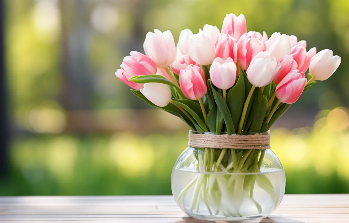 Photo wallpaper light, flowers, bouquet, spring, rope, window, Bank, tulips