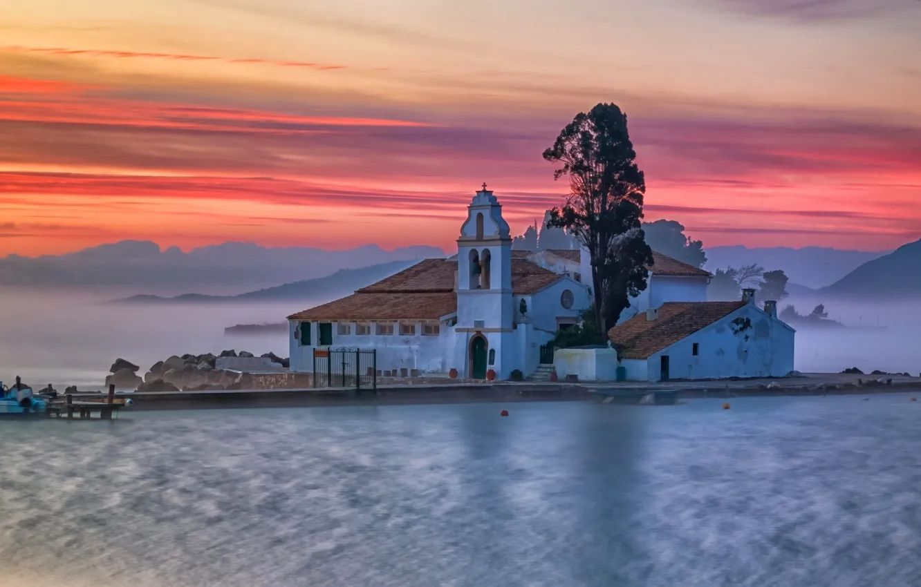 Photo wallpaper sea, mountains, fog, dawn, island, morning, Greece, the monastery