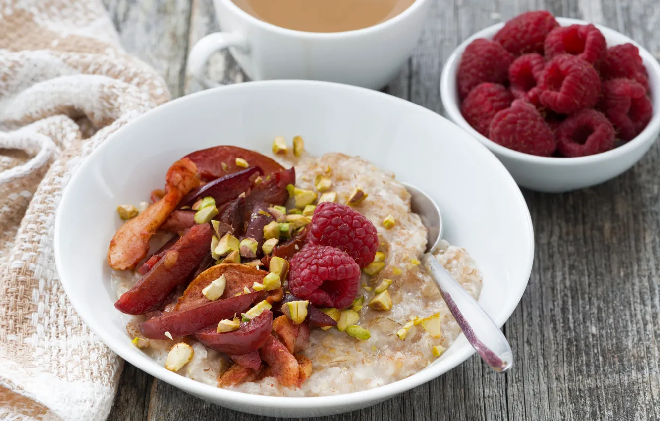 Photo wallpaper raspberry, Breakfast, raspberry, porridge, Breakfast, dried fruits, dried fruits, porridge