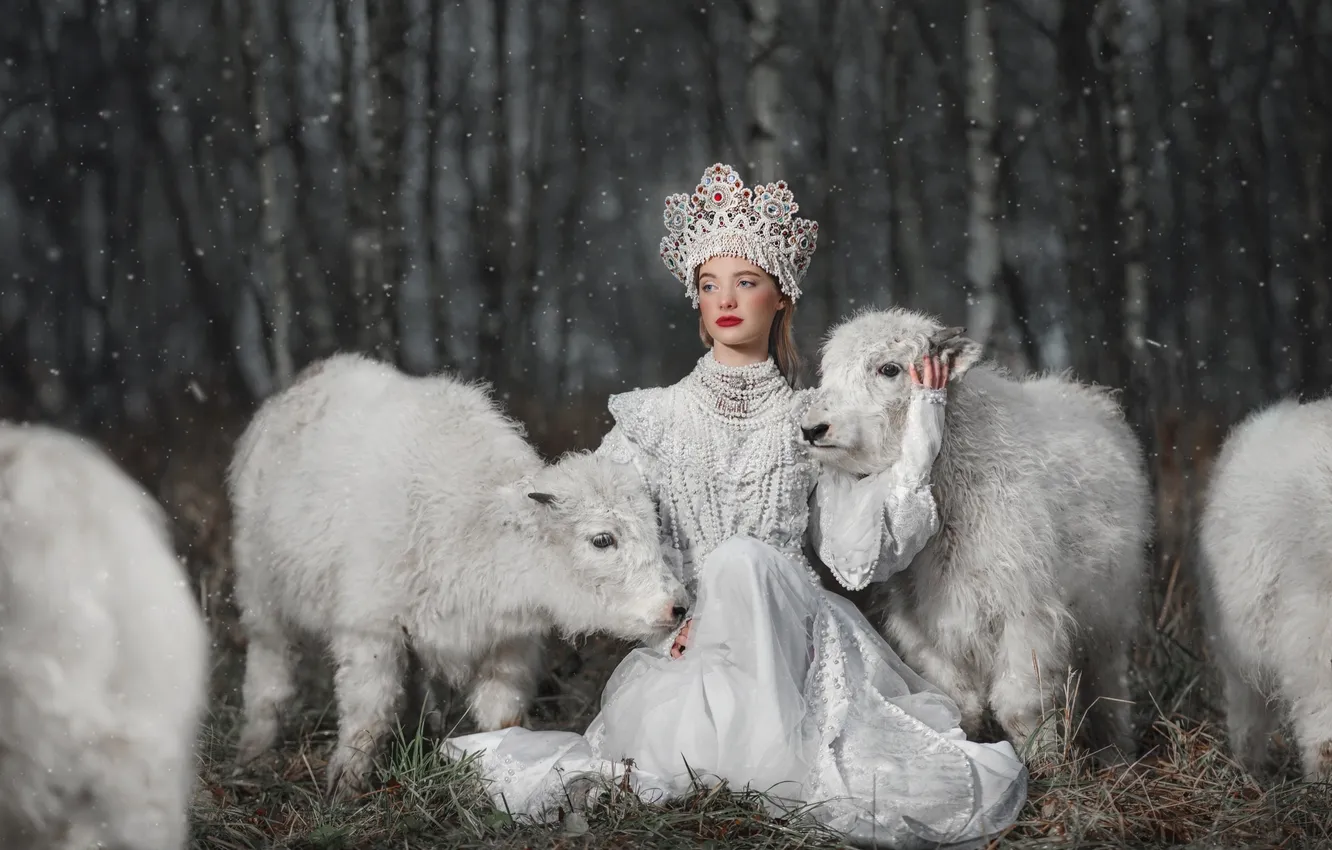 Photo wallpaper winter, look, girl, snow, nature, pose, costume, outfit