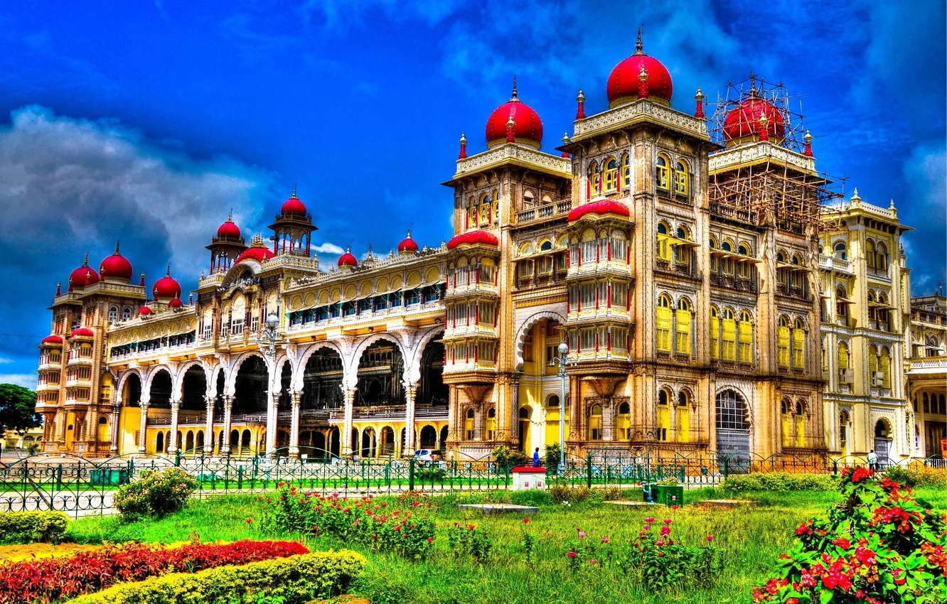 Photo wallpaper grass, the city, paint, columns, India, architecture, Palace, dome